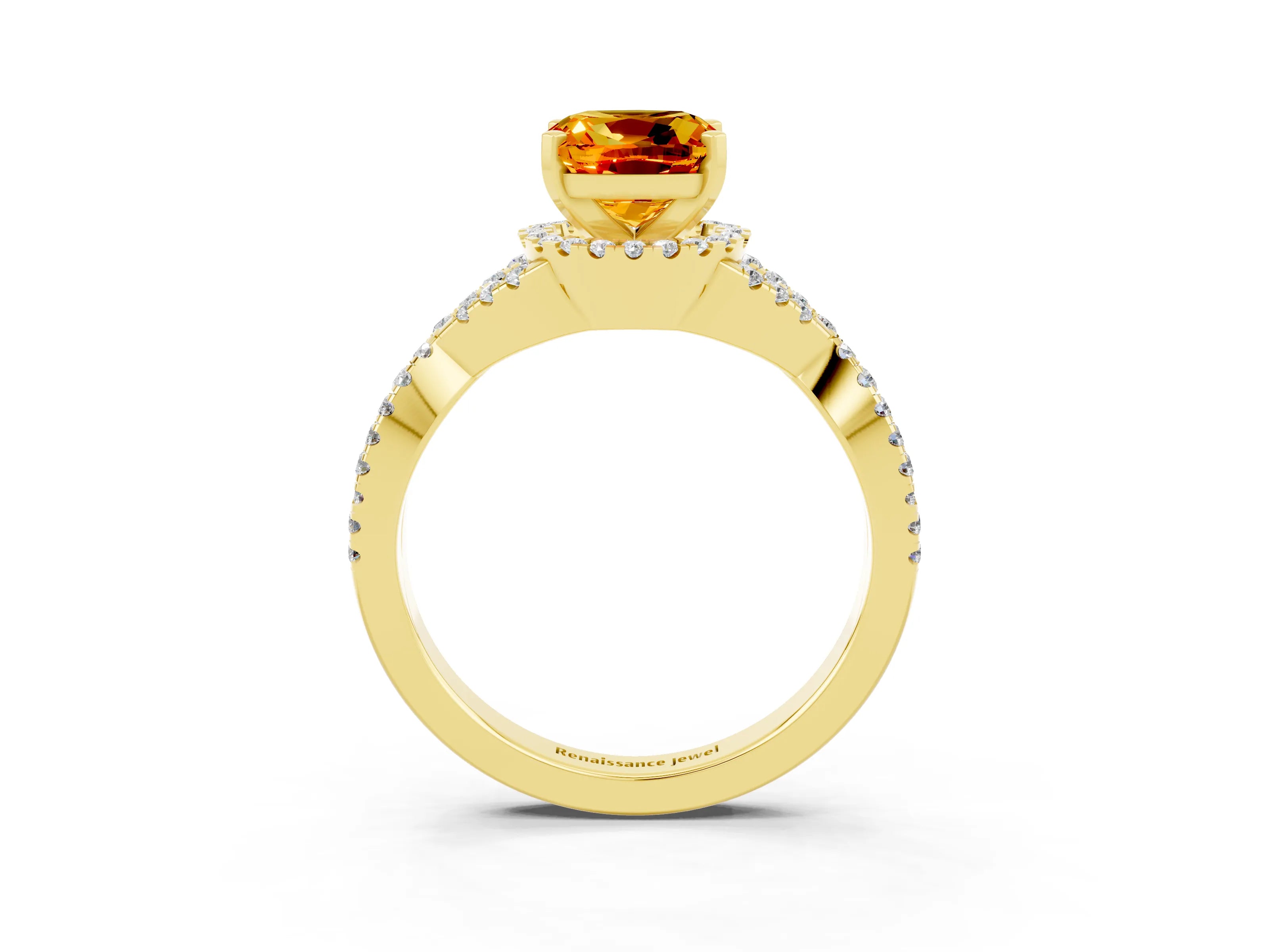 Yellow gold Cushion Cut Citrine Halo Twist Band Solitaire Prong Setting Ring_3