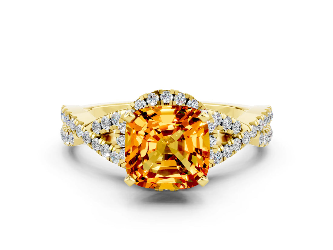 Yellow gold Cushion Cut Citrine  Halo Twist Band Solitaire Prong Setting Ring_36