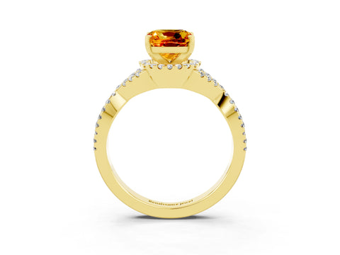 Yellow gold Cushion Cut Citrine Halo Twist Band Solitaire Prong Setting Ring_3