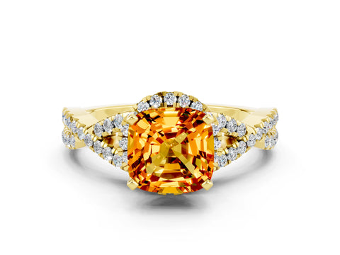 Yellow gold Cushion Cut Citrine Halo Twist Band Solitaire Prong Setting Ring