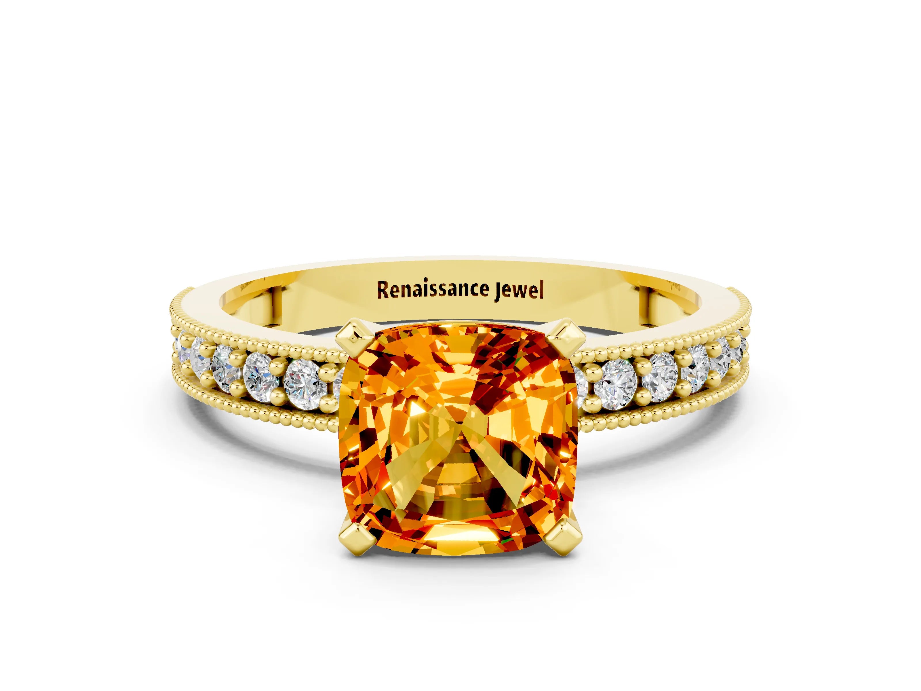 Yellow gold Cushion Cut Citrine Milgrain Pavé Engagement Ring with Four-Prong Setting_12
