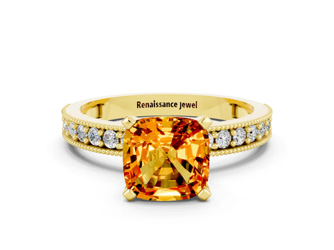 Yellow gold Cushion Cut Citrine Milgrain Pavé Engagement Ring with Four-Prong Setting_12