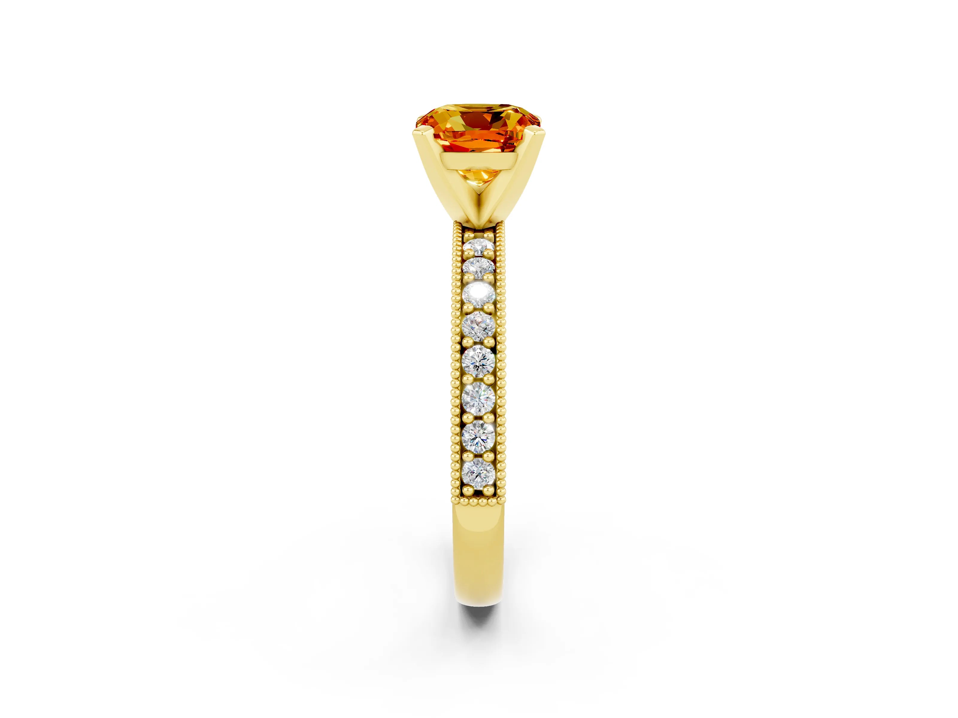 Yellow gold Cushion Cut Citrine Milgrain Pavé Engagement Ring with Four-Prong Setting_14
