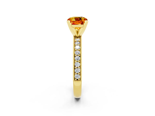 Yellow gold Cushion Cut Citrine Milgrain Pavé Engagement Ring with Four-Prong Setting