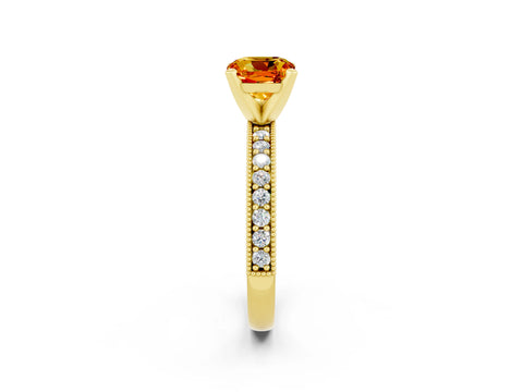 Yellow gold Cushion Cut Citrine Milgrain Pavé Engagement Ring with Four-Prong Setting_14