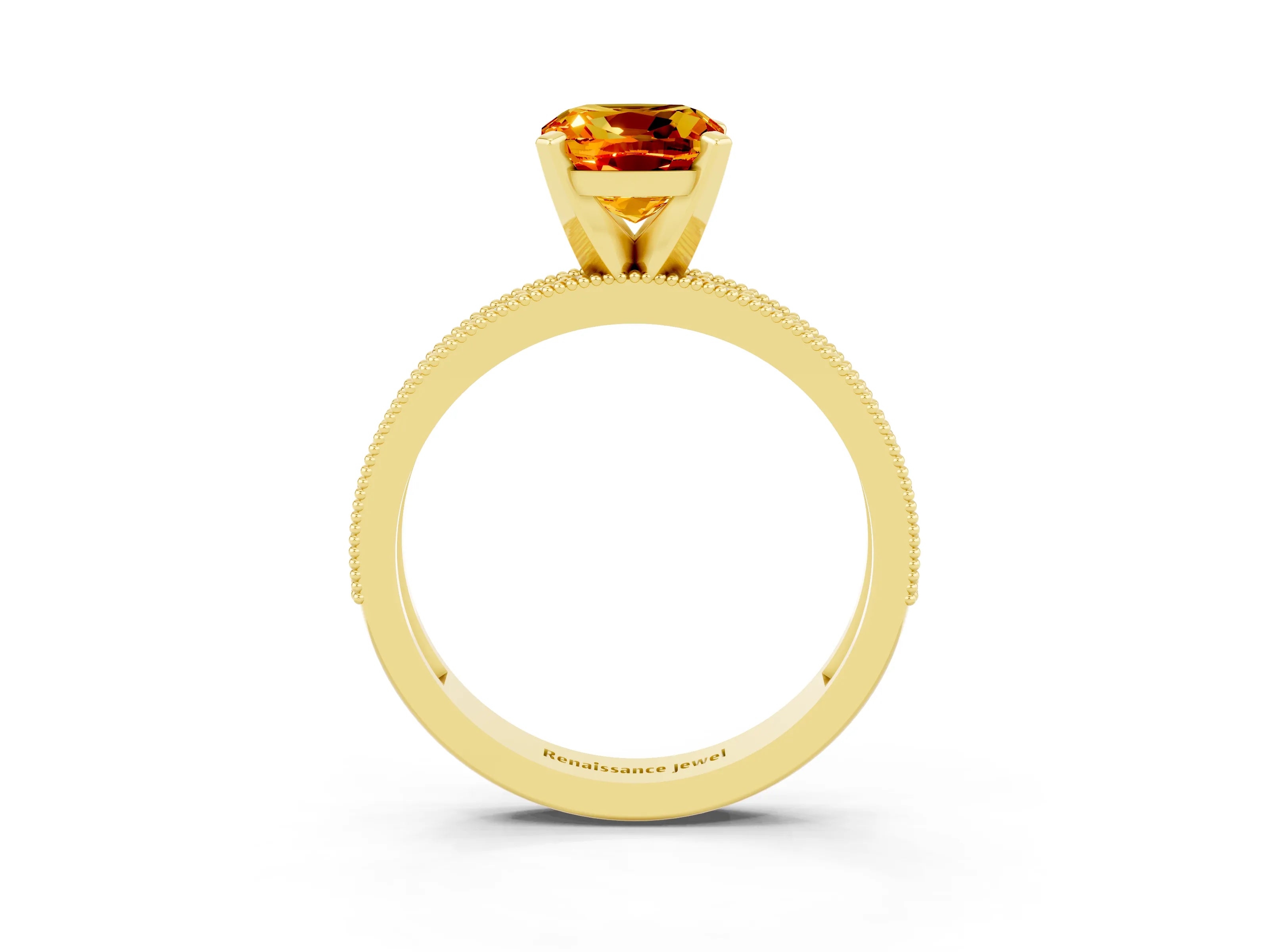 Yellow gold Cushion Cut Citrine Milgrain Pavé Engagement Ring with Four-Prong Setting_15