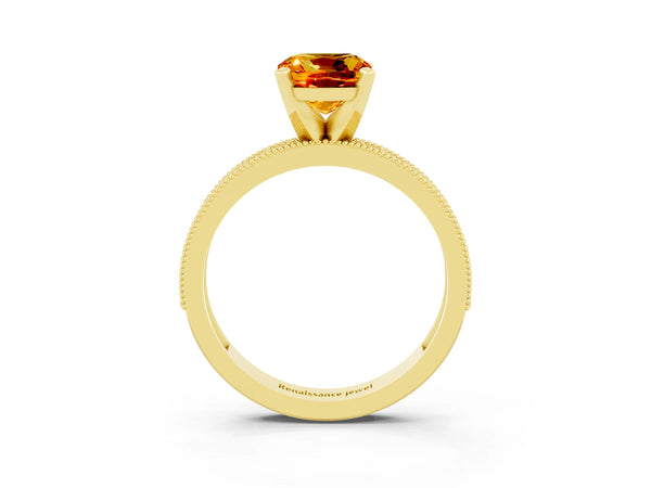Yellow gold Cushion Cut Citrine Milgrain Pavé Engagement Ring with Four-Prong Setting