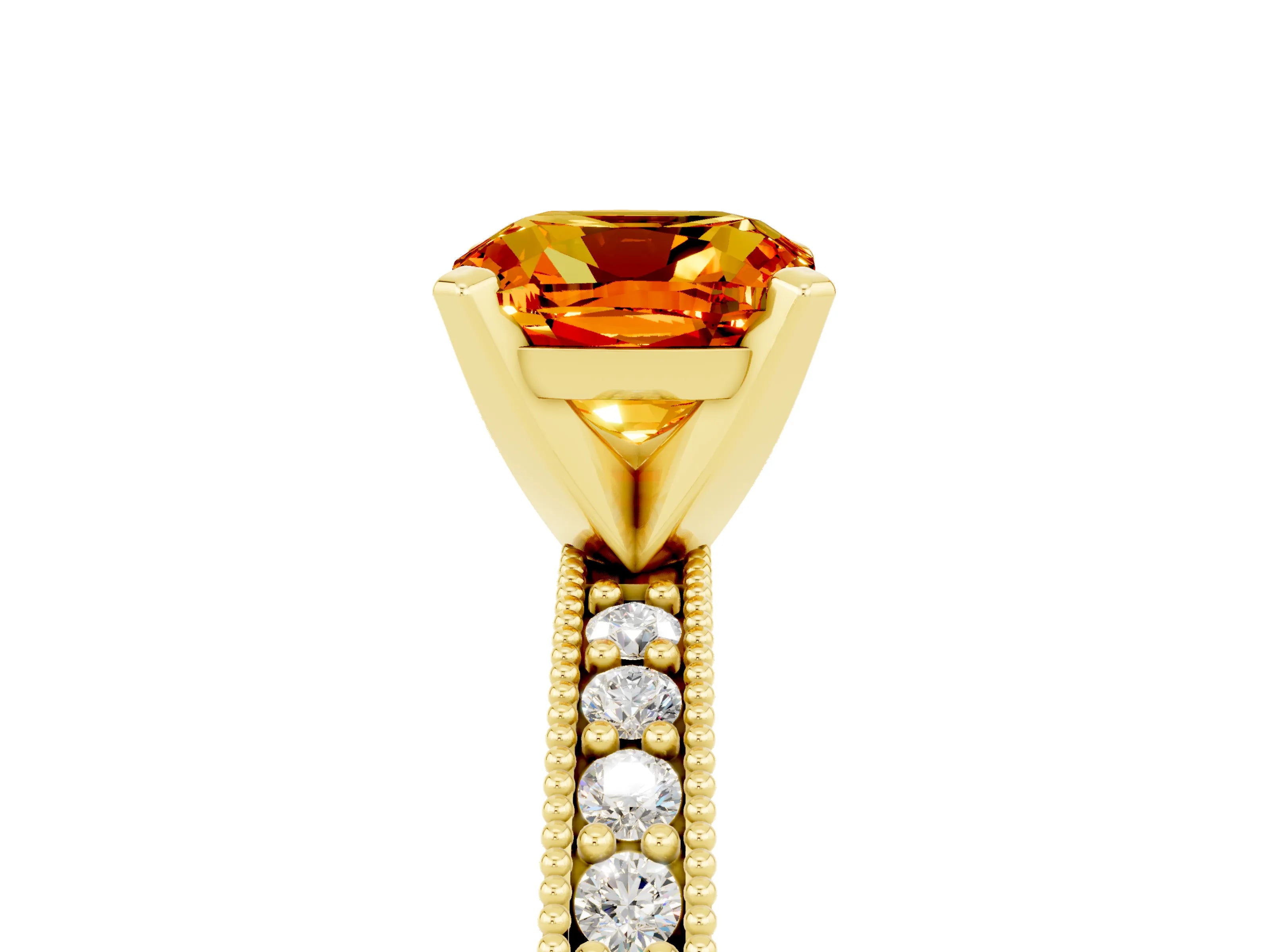 Yellow gold Cushion Cut Citrine Milgrain Pavé Engagement Ring with Four-Prong Setting_17