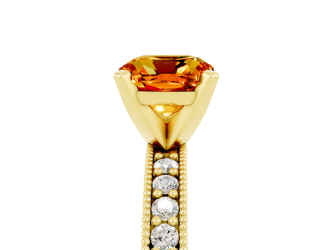 Yellow gold Cushion Cut Citrine Milgrain Pavé Engagement Ring with Four-Prong Setting_17