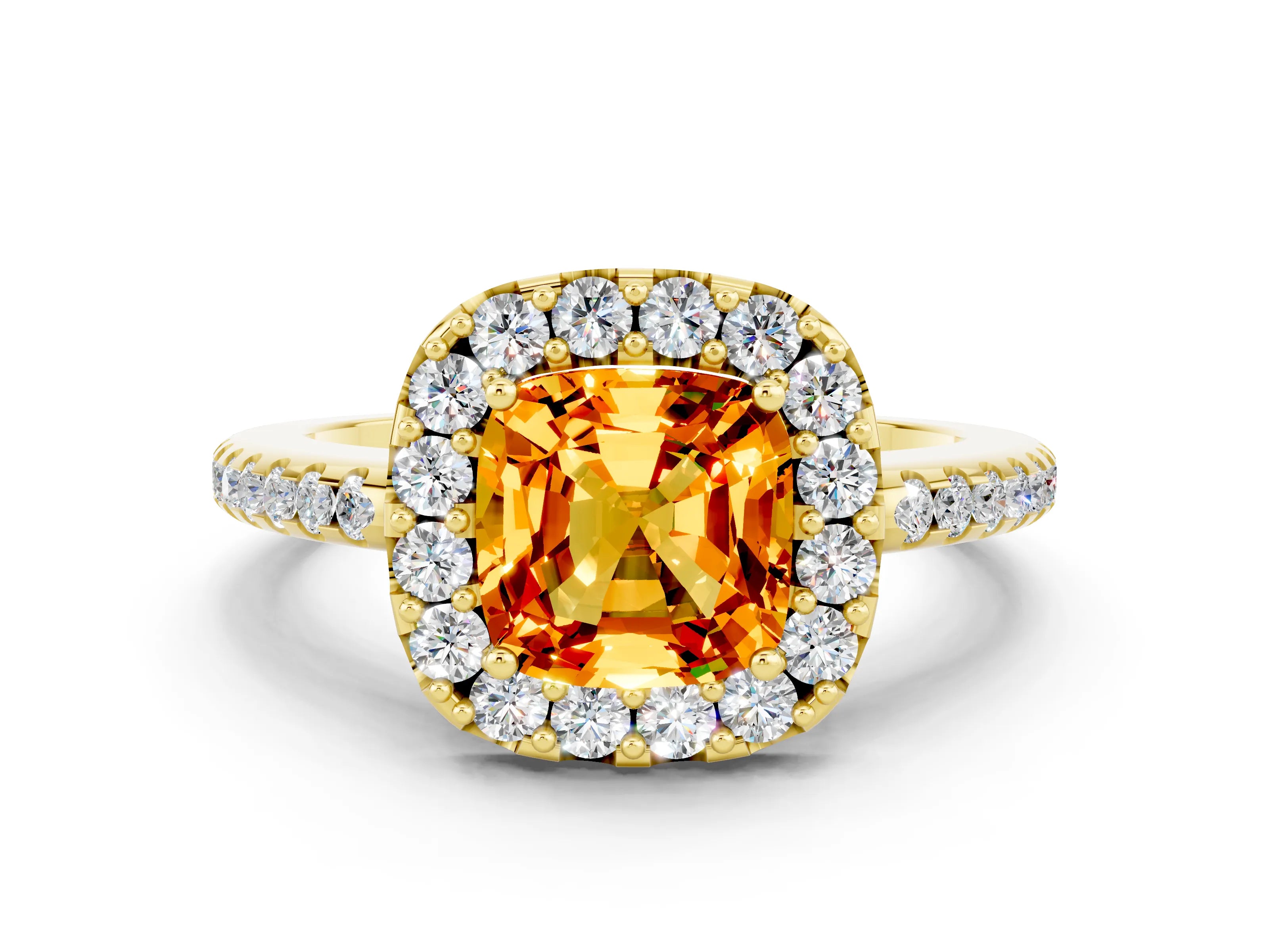 Yellow gold Cushion Cut Citrine Pavé Halo Ring with Four-Prong Setting_12