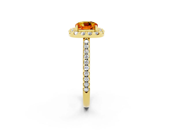 Yellow gold Cushion Cut Citrine Pavé Halo Ring with Four-Prong Setting