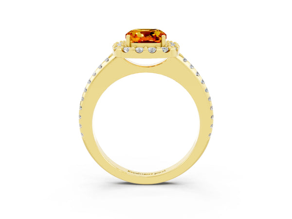 Yellow gold Cushion Cut Citrine Pavé Halo Ring with Four-Prong Setting