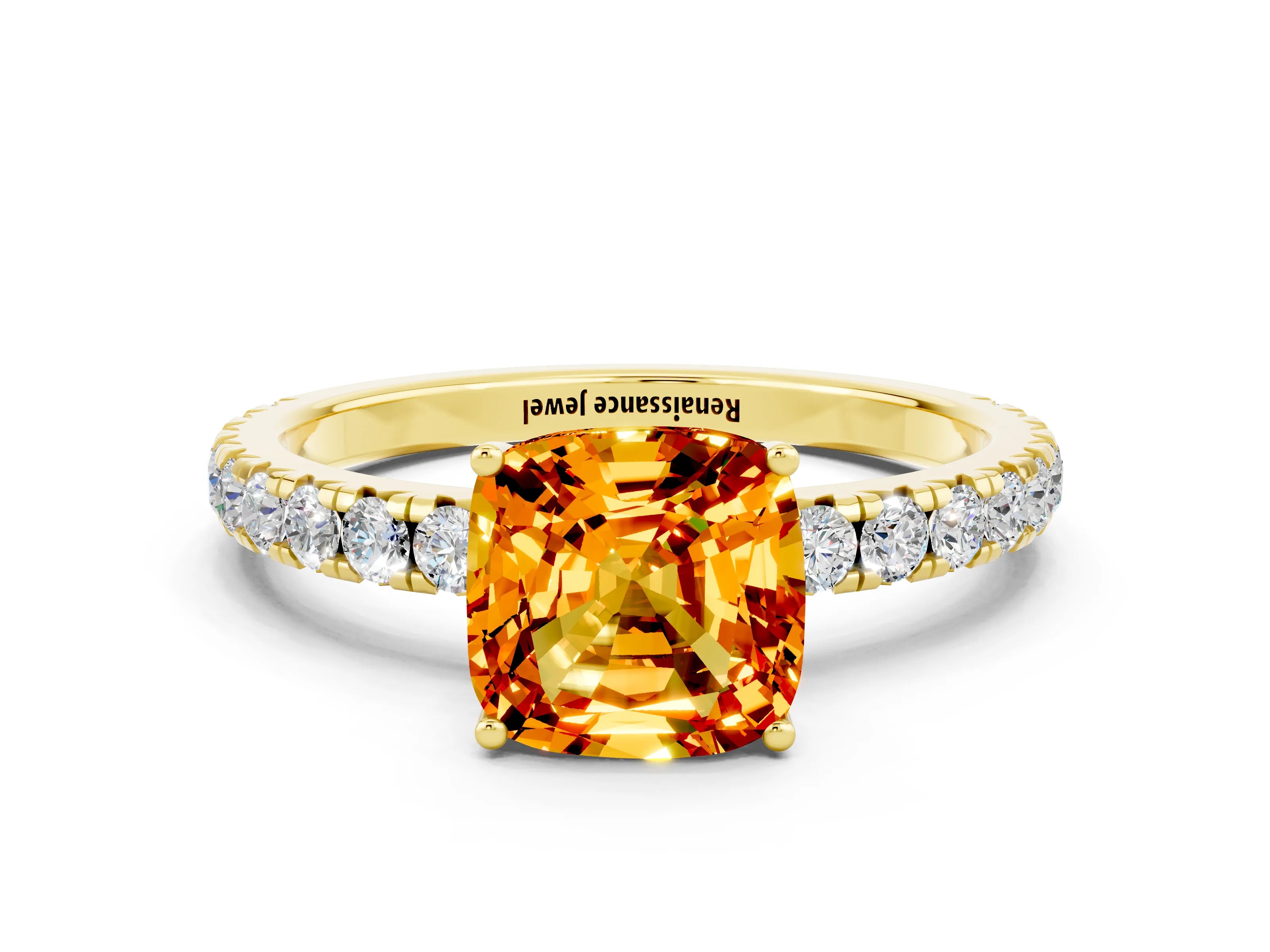 Yellow gold Cushion Cut Citrine Pavé Solitaire Engagement Ring with Four-Prong Setting_12