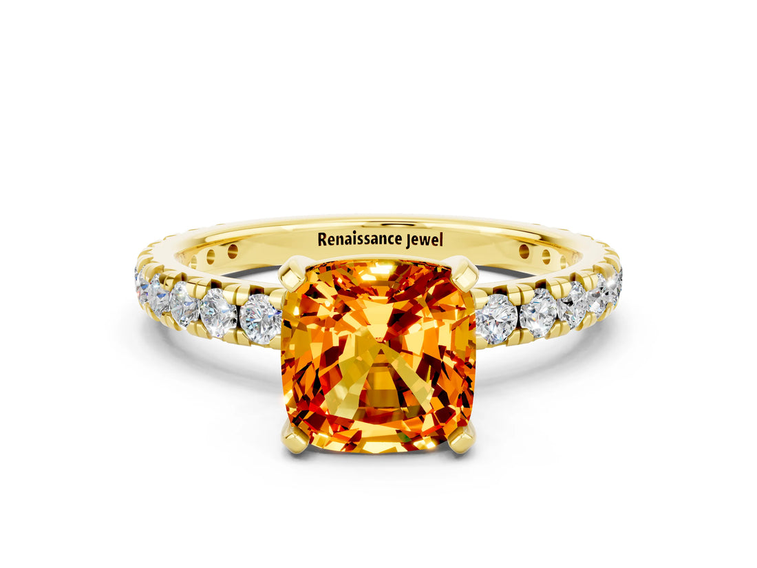 Yellow gold Cushion Cut Citrine Pavé Solitaire Ring with Round Band and Prong Setting_12