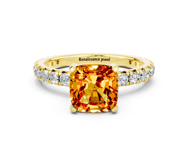 Yellow gold Cushion Cut Citrine Pavé Solitaire Ring with Round Band and Prong Setting