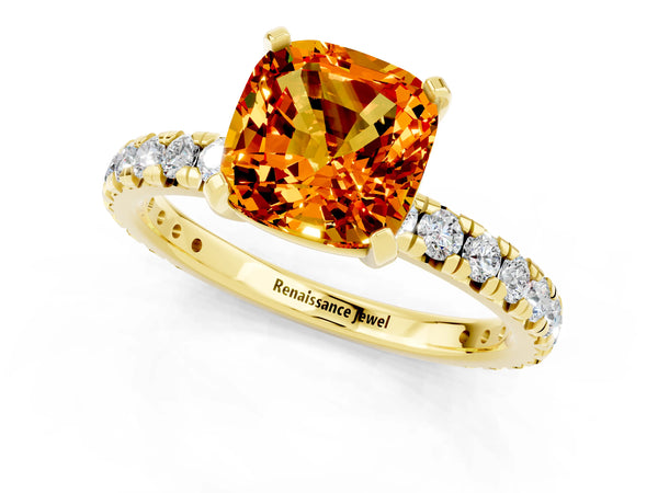 Yellow gold Cushion Cut Citrine Pavé Solitaire Ring with Round Band and Prong Setting