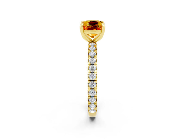 Yellow gold Cushion Cut Citrine Pavé Solitaire Ring with Round Band and Prong Setting