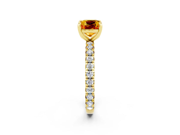 Yellow gold Cushion Cut Citrine Pavé Solitaire Ring with Round Band and Prong Setting