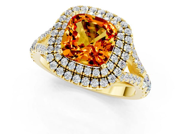Yellow gold Cushion Cut Citrine Pavé Split Shank Double Halo Engagement Ring