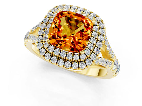 Yellow gold Cushion Cut Citrine Pavé Split Shank Double Halo Engagement Ring_1
