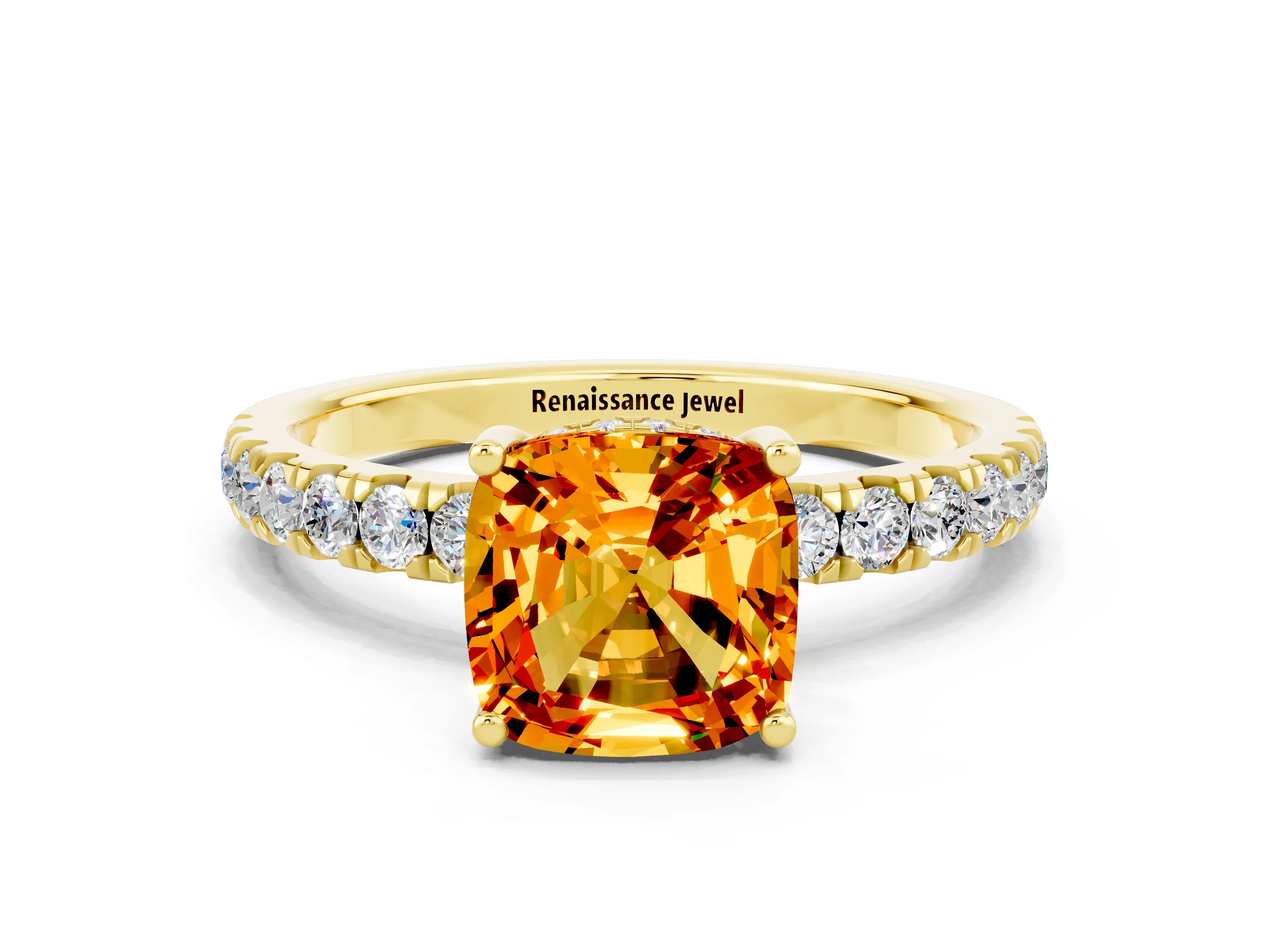 Yellow gold Cushion Cut Citrine Pave Band Solitaire Ring with Four-Prong Setting_24