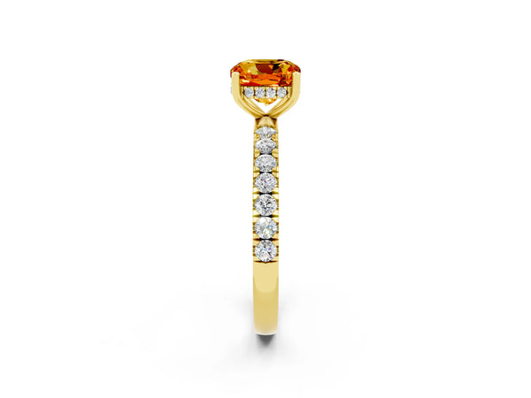 Yellow gold Cushion Cut Citrine Pave Band Solitaire Ring with Round  and Prong Setting