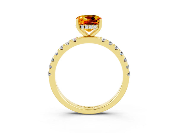 Yellow gold Cushion Cut Citrine Pave Band Solitaire Ring with Round  and Prong Setting