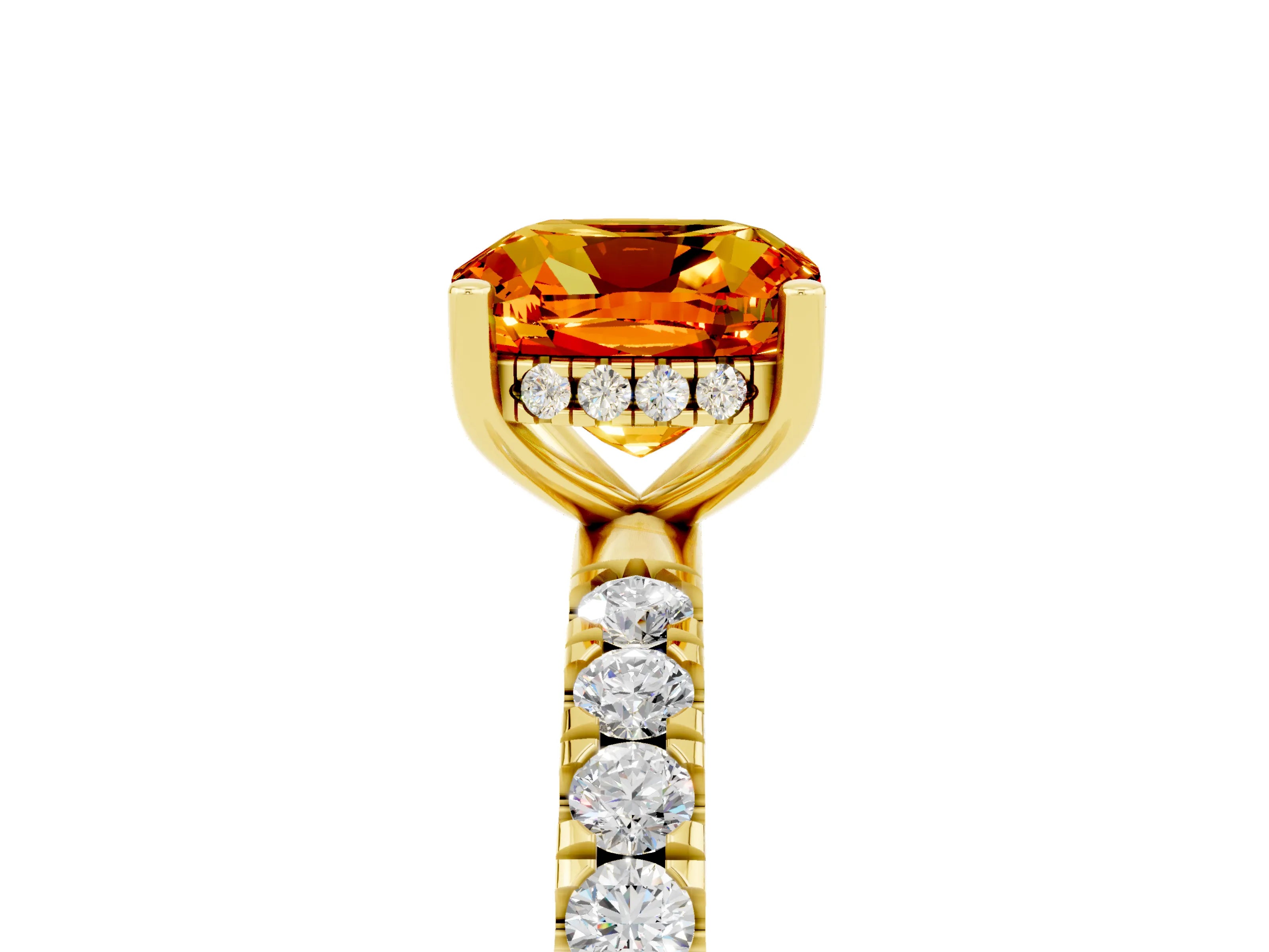 Yellow gold Cushion Cut Citrine Pave Band Solitaire Ring with Four-Prong Setting_29