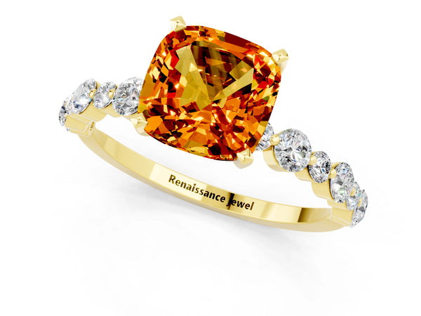 Yellow gold Cushion Cut Citrine Prong Set Engagement Ring with Pavé Band