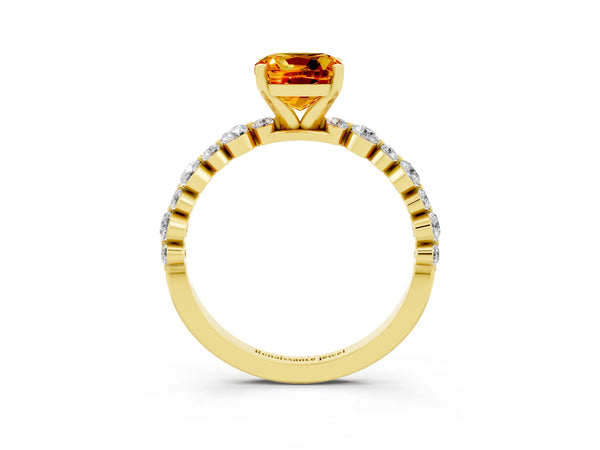 Yellow gold Cushion Cut Citrine Prong Set Engagement Ring with Pavé Band