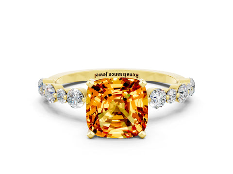 Yellow gold Cushion Cut Citrine Prong Set Engagement Ring with Pavé Band