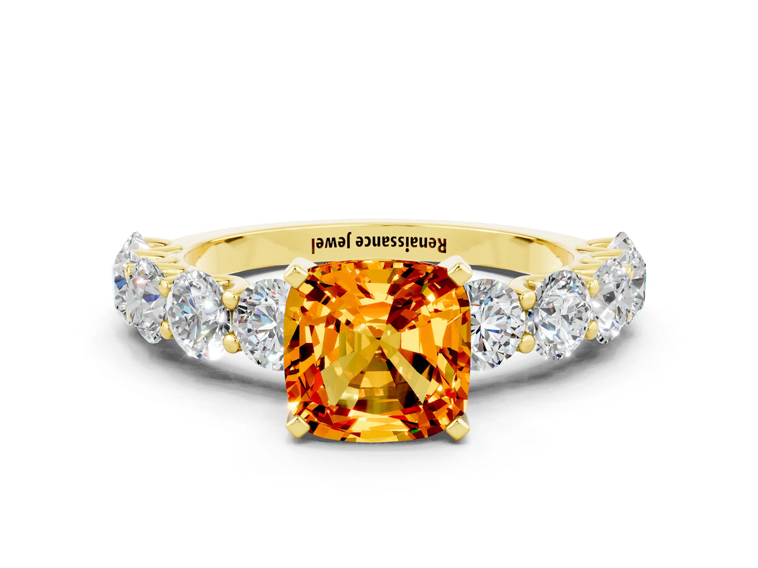 Yellow gold Cushion Cut Citrine Prong Setting with Side Stones on a Pave Band