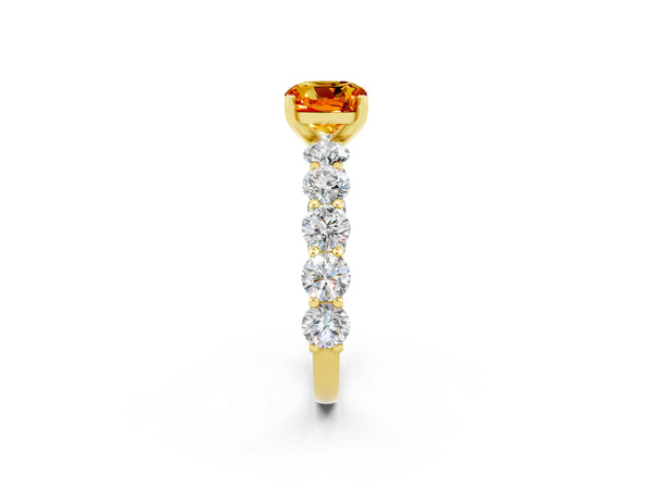 Yellow gold Cushion Cut Citrine Prong Setting with Side Stones on a Pave Band