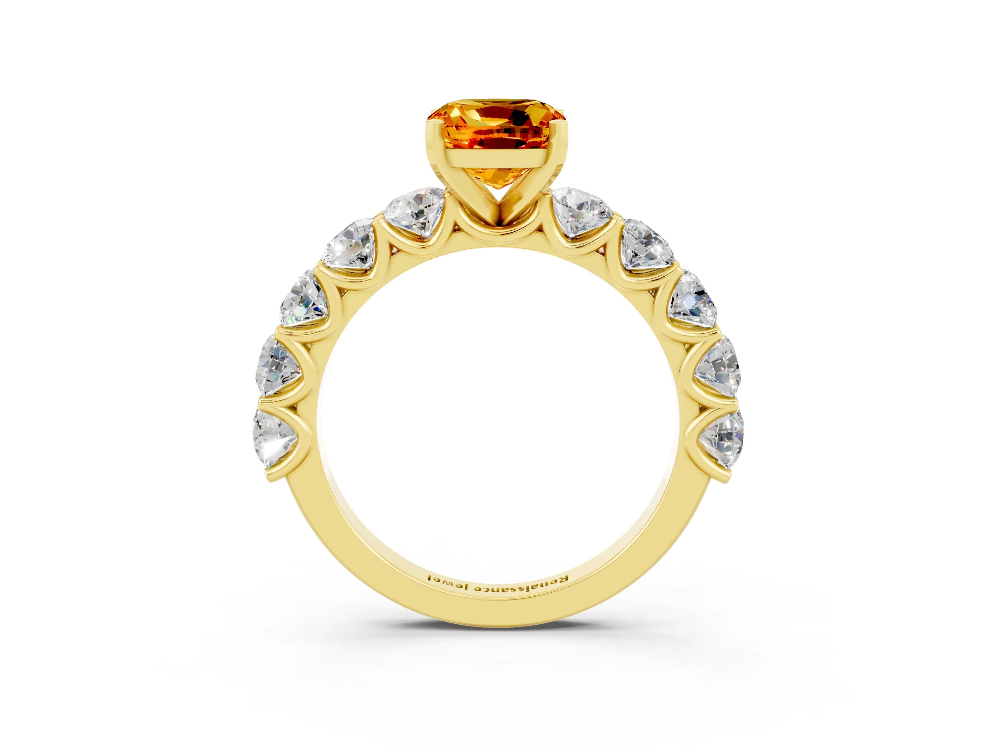 Yellow gold Cushion Cut Citrine Prong Setting with Side Stones on a Pave Band_3