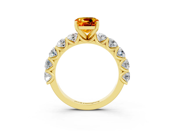 Yellow gold Cushion Cut Citrine Prong Setting with Side Stones on a Pave Band