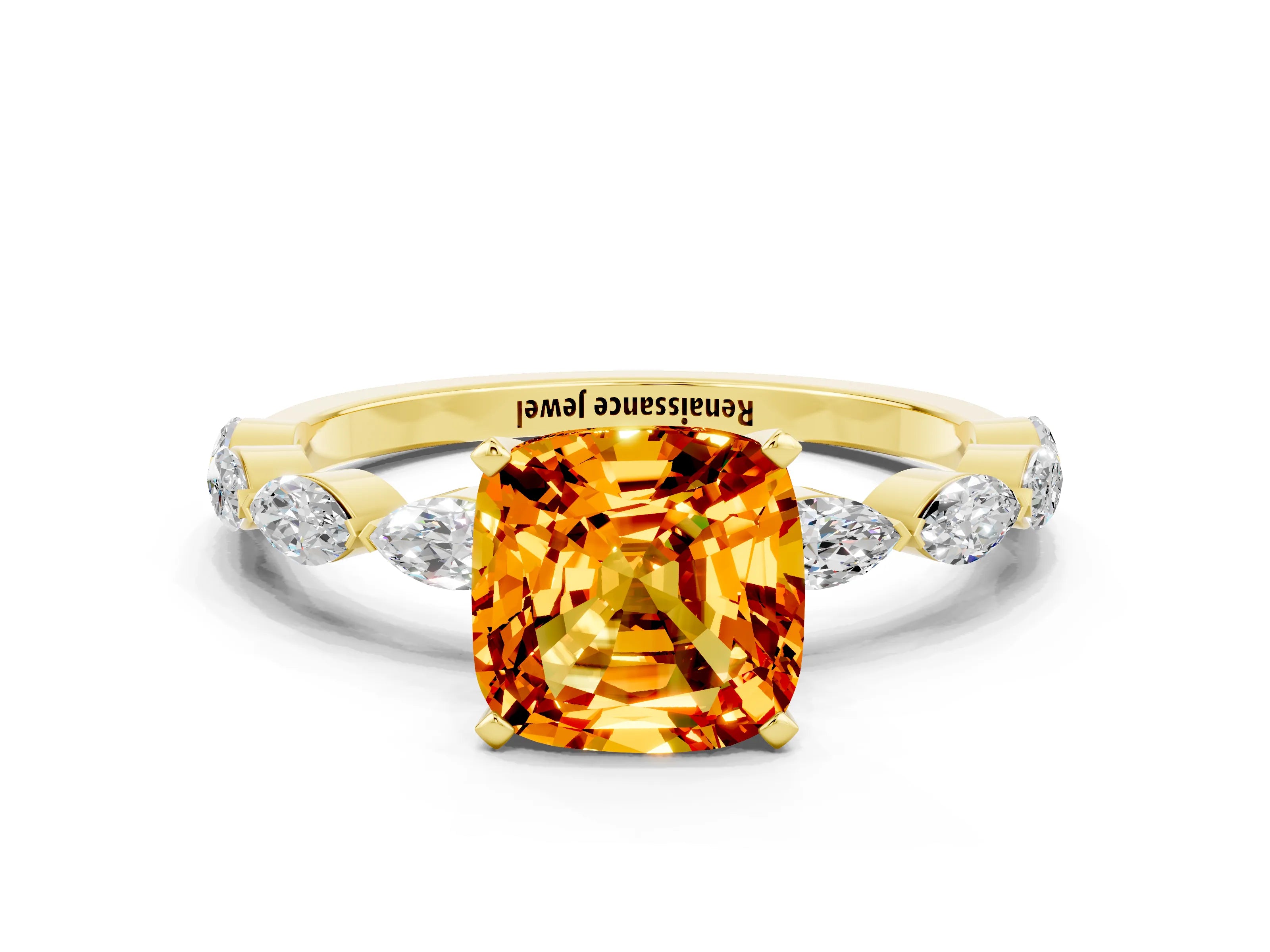 Yellow gold Cushion Cut Citrine Ring with Marquise Side Stones and Prong Setting