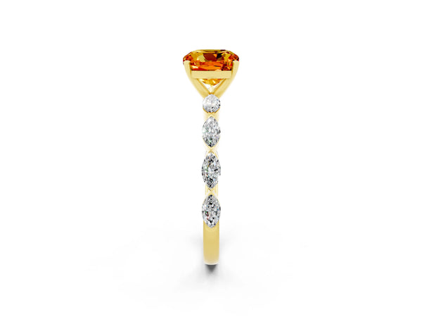 Yellow gold Cushion Cut Citrine Ring with Marquise Side Stones and Prong Setting