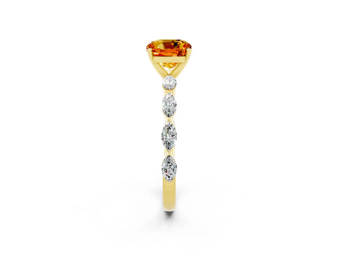 Yellow gold Cushion Cut Citrine Ring with Marquise Side Stones and Prong Setting_2