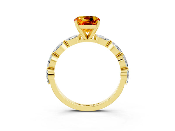 Yellow gold Cushion Cut Citrine Ring with Marquise Side Stones and Prong Setting