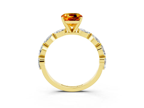 Yellow gold Cushion Cut Citrine Ring with Marquise Side Stones and Prong Setting_3