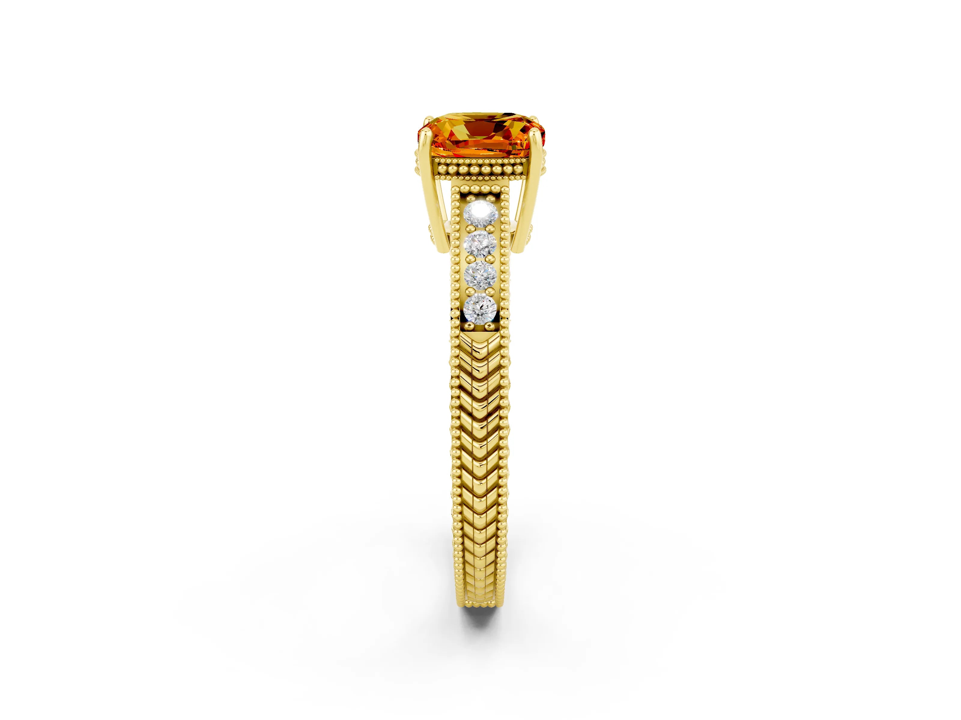 Yellow gold Cushion Cut Citrine Ring with Milgrain Pavé Band and Four-Prong Setting_14