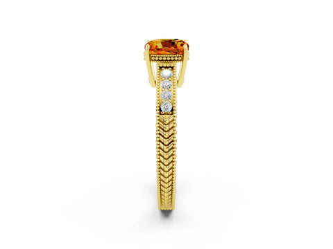 Yellow gold Cushion Cut Citrine Ring with Milgrain Pavé Band and Four-Prong Setting_14
