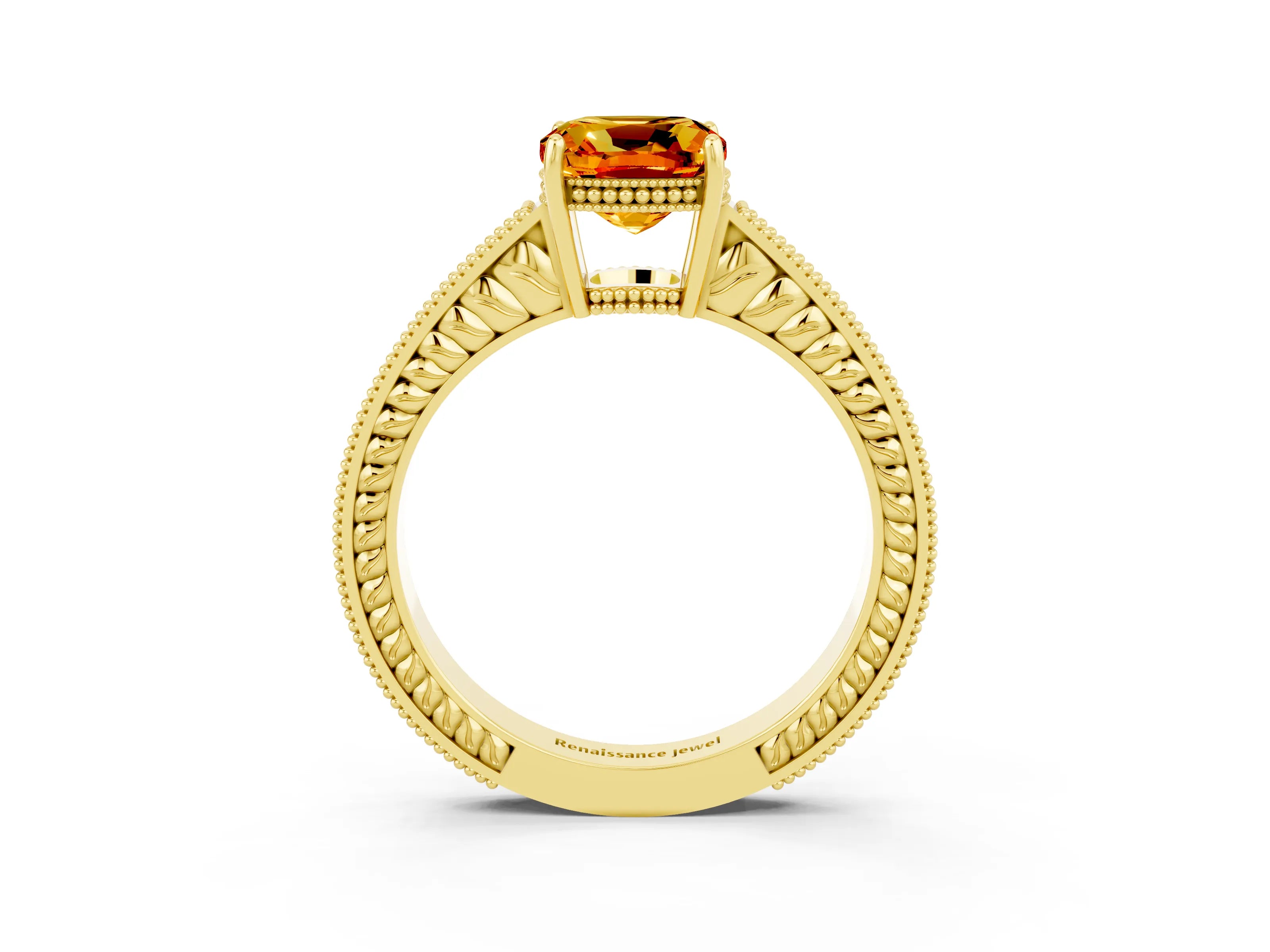 Yellow gold Cushion Cut Citrine Ring with Milgrain Pavé Band and Four-Prong Setting_15