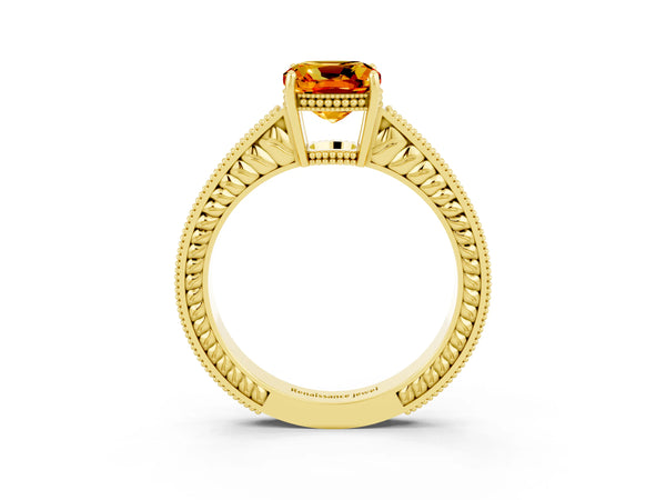 Yellow gold Cushion Cut Citrine Ring with Milgrain Pavé Band and Four-Prong Setting