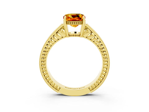 Yellow gold Cushion Cut Citrine Ring with Milgrain Pavé Band and Four-Prong Setting_15