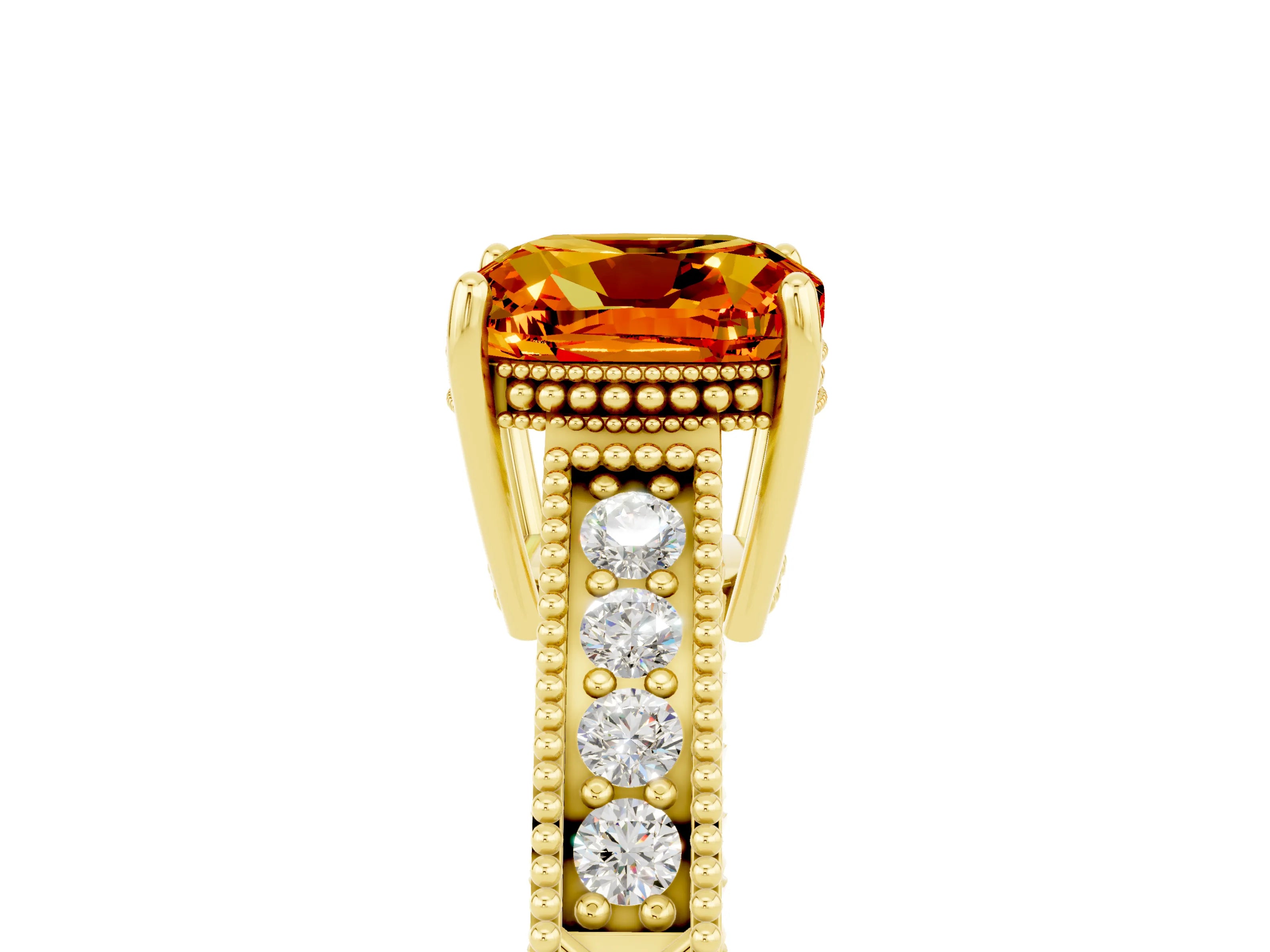 Yellow gold Cushion Cut Citrine Ring with Milgrain Pavé Band and Four-Prong Setting_17