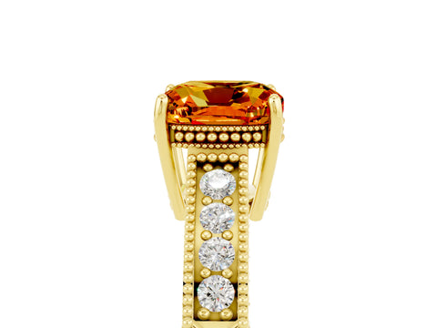 Yellow gold Cushion Cut Citrine Ring with Milgrain Pavé Band and Four-Prong Setting_17