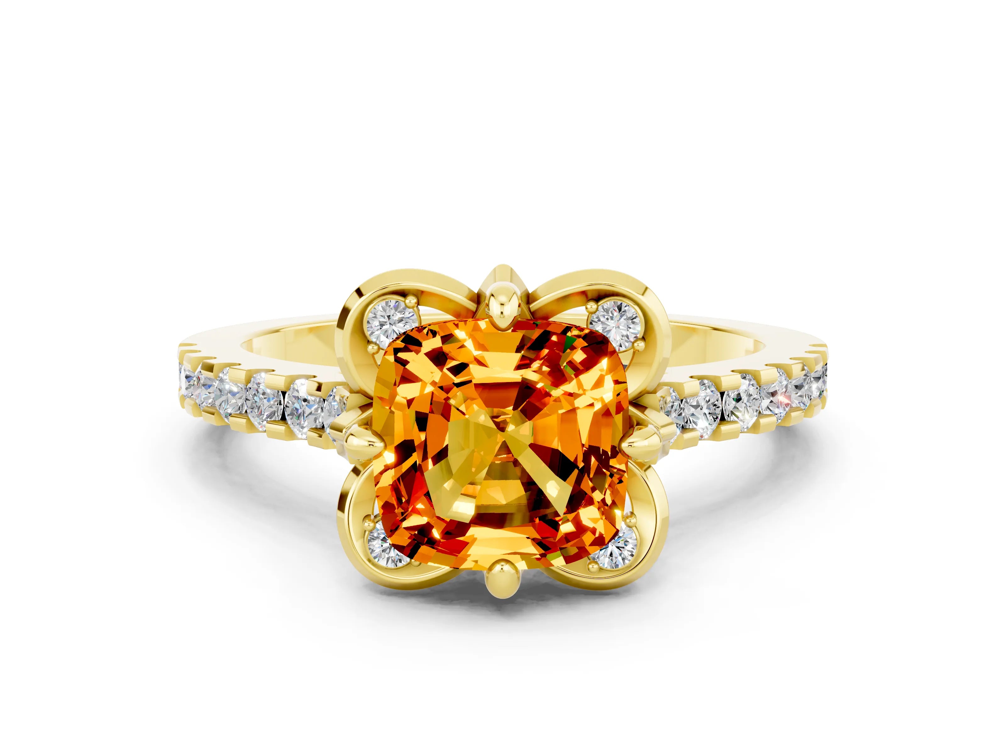 Yellow gold Cushion Cut Citrine Ring with Pavé Band and Floral Prong Setting