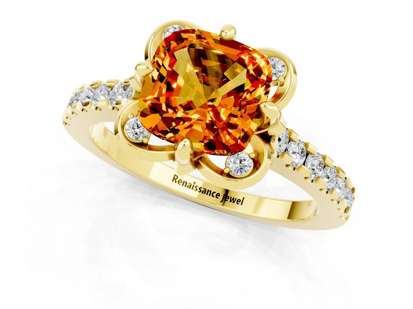 Yellow gold Cushion Cut Citrine Ring with Pavé Band and Floral Prong Setting