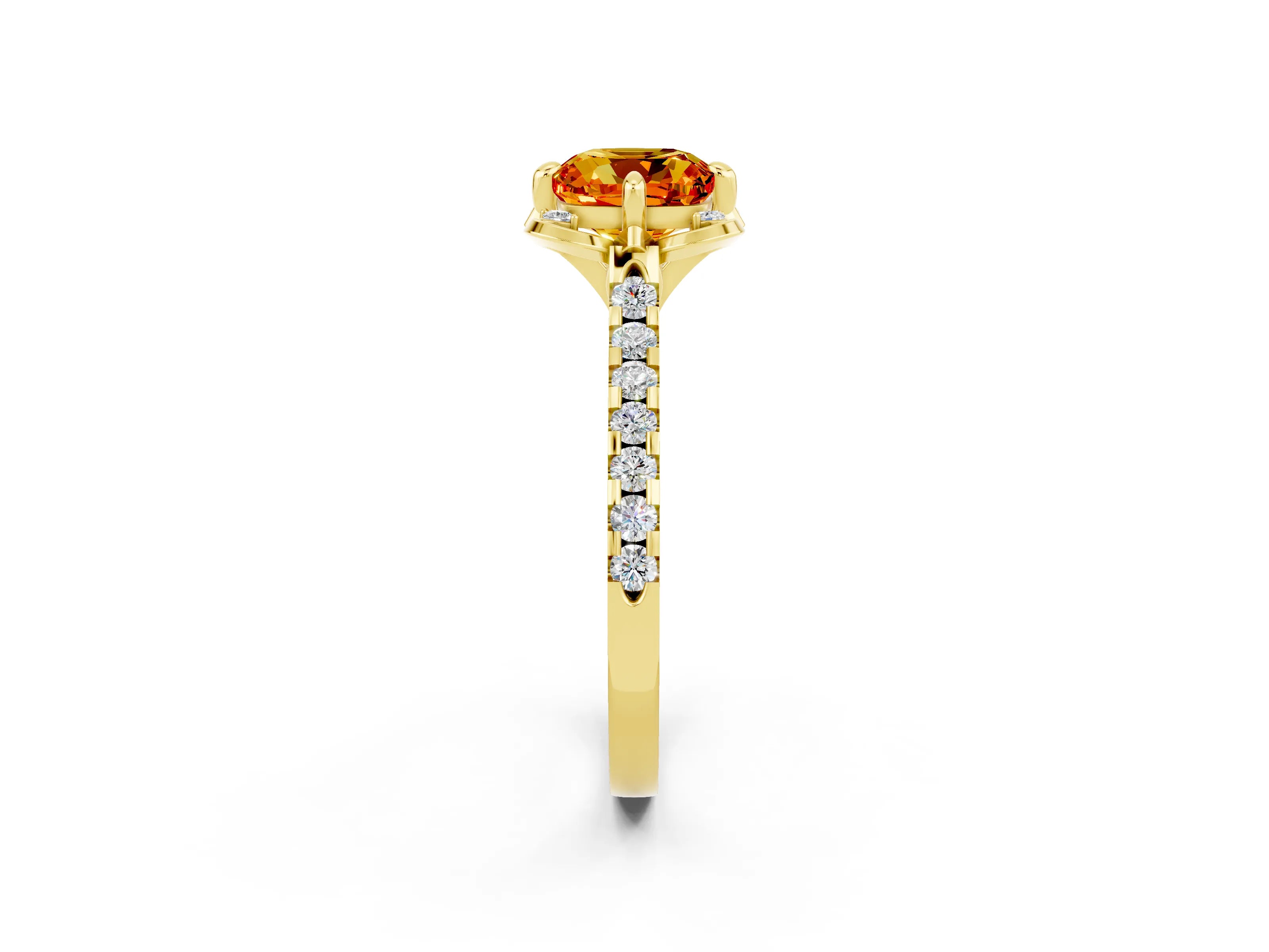 Yellow gold Cushion Cut Citrine Ring with Pavé Band and Floral Prong Setting_2